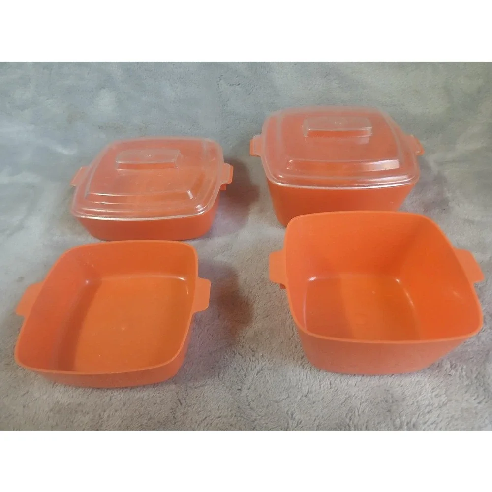 Vintage Toy Orange Nesting‎ Cookware Play Set of 4 with 2 Lids Retro MCM Pretend
